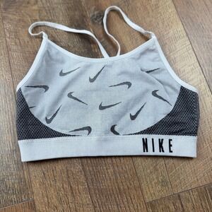 Girls Nike‎ Sports Bra Large Grey Black Dri-FIT Swoosh Logo Seamless Racerback